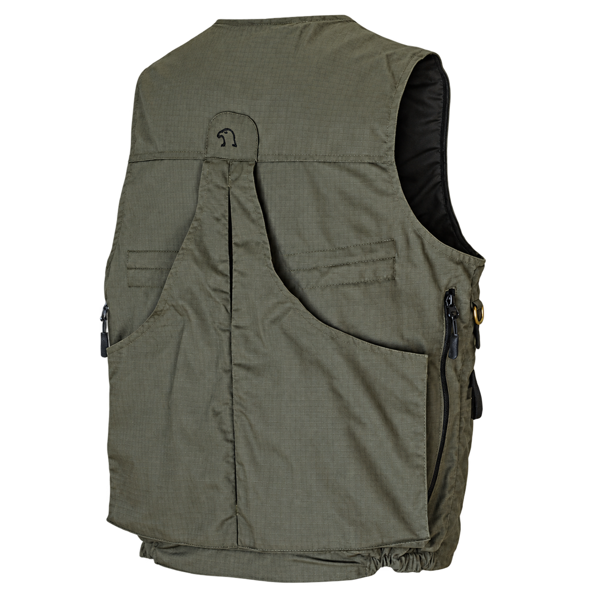 Chaleco de caza Benisport Iron Ripstop caqui, vista trasera con morral