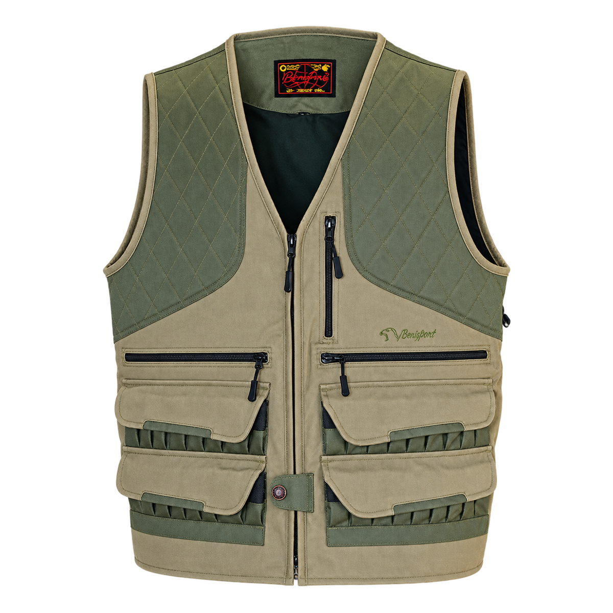 Chaleco de caza Benisport K2 caqui, vista frontal con cartucheras