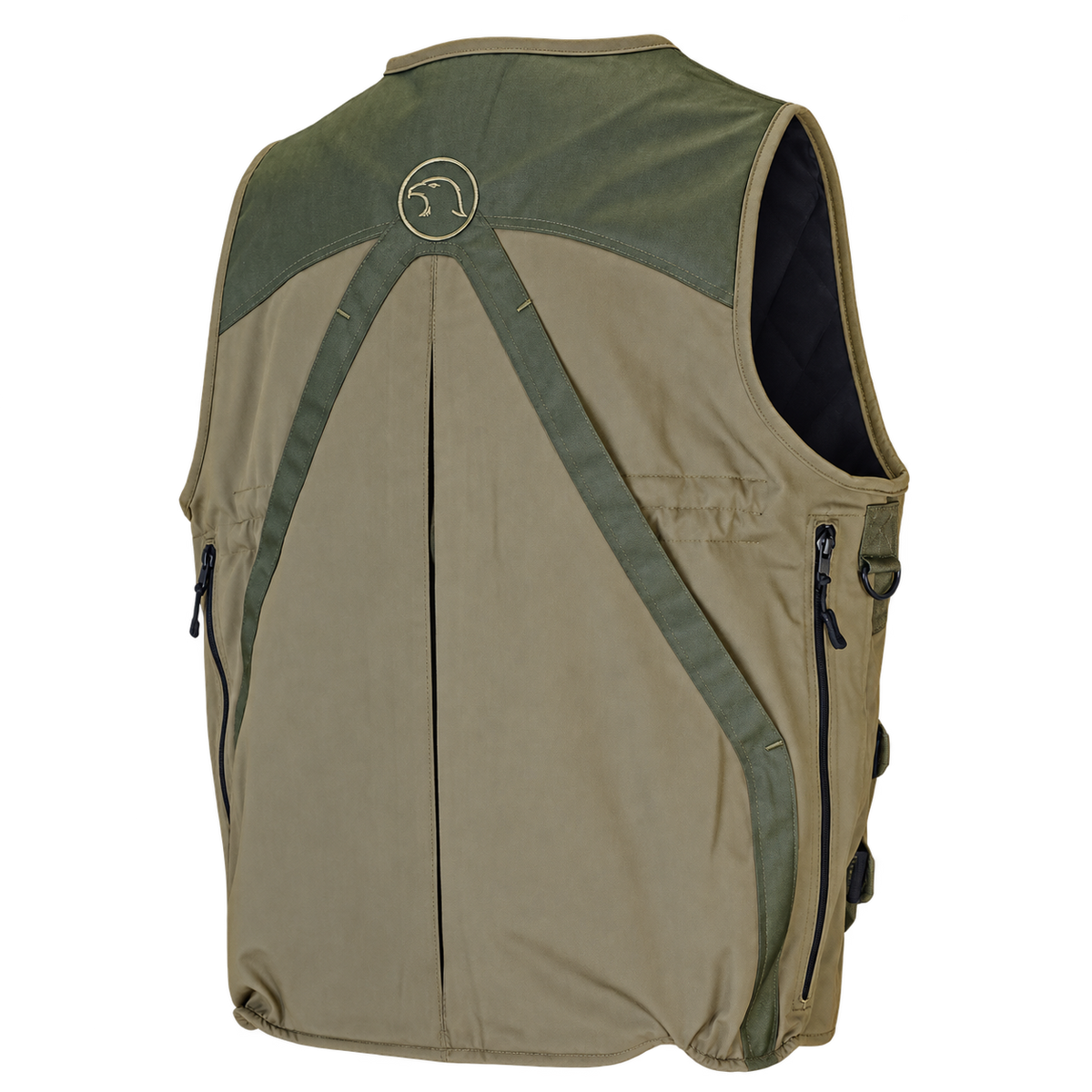 Chaleco de caza Benisport K2 caqui, vista trasera con doble morral