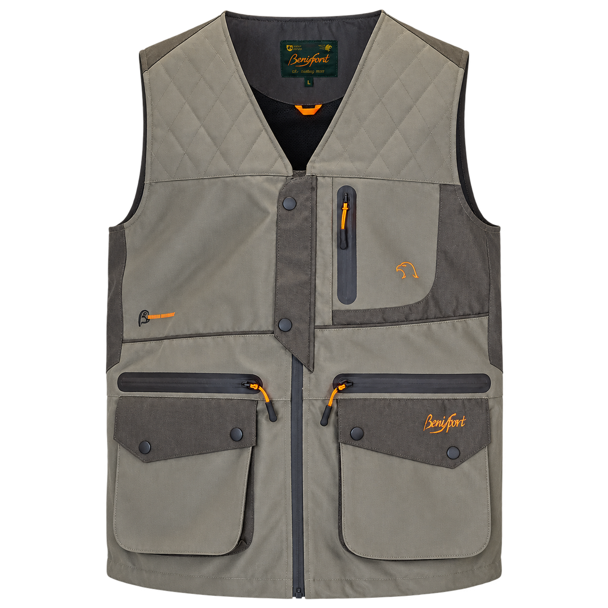 Chaleco de caza Benisport Orvallo caqui impermeable, vista frontal