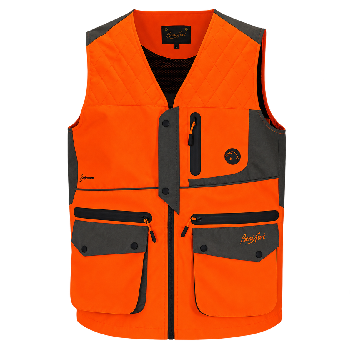 Chaleco de caza Benisport Orvallo caqui y naranja de alta visibilidad, vista frontal