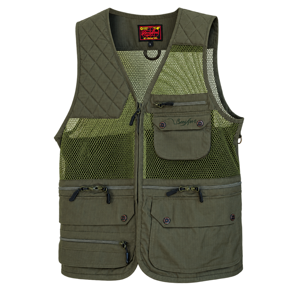 Chaleco de caza Benisport Summer verde oscuro de rejilla, vista frontal