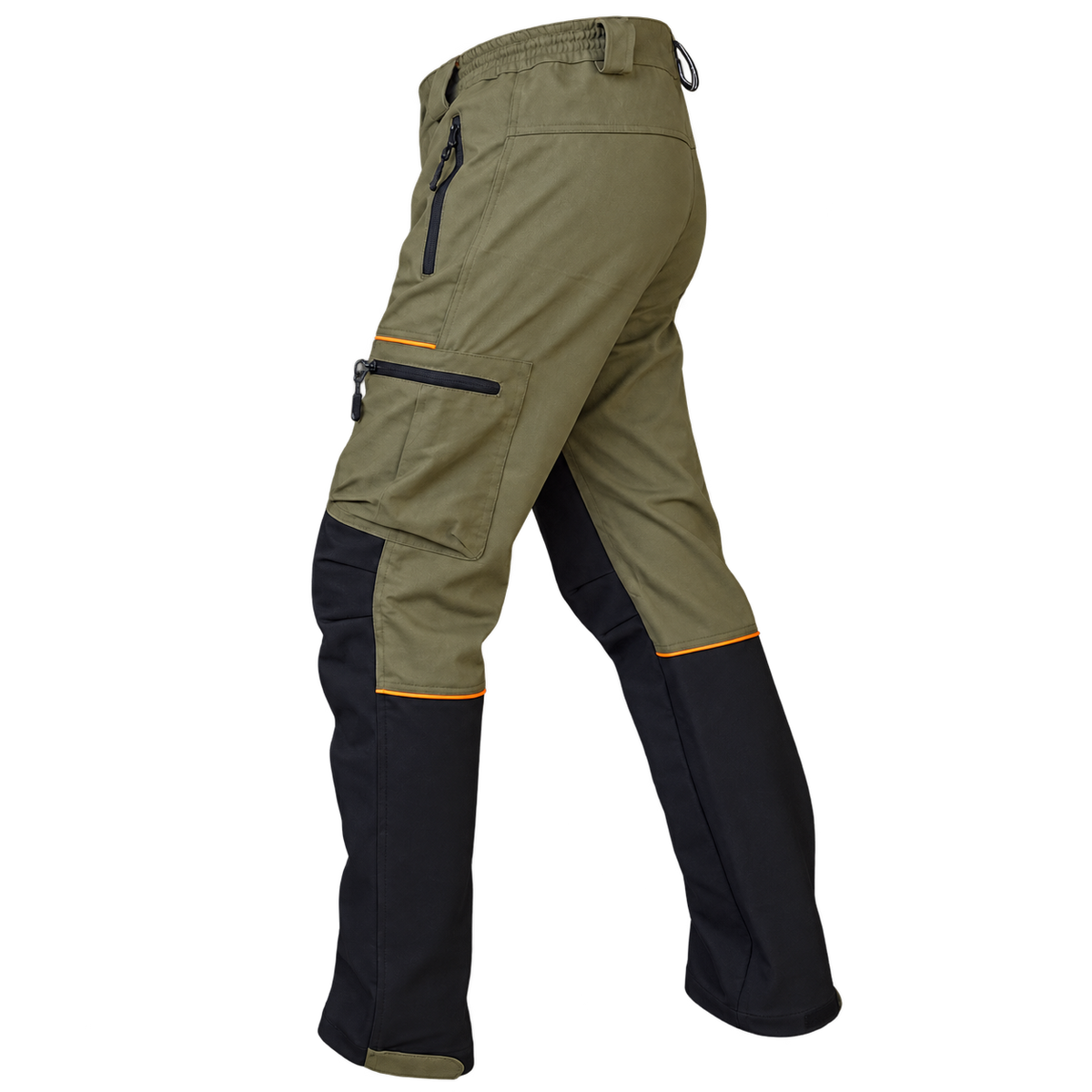 Pantalón Benisport Force verde caqui y negro, vista lateral con bolsillo de cremallera