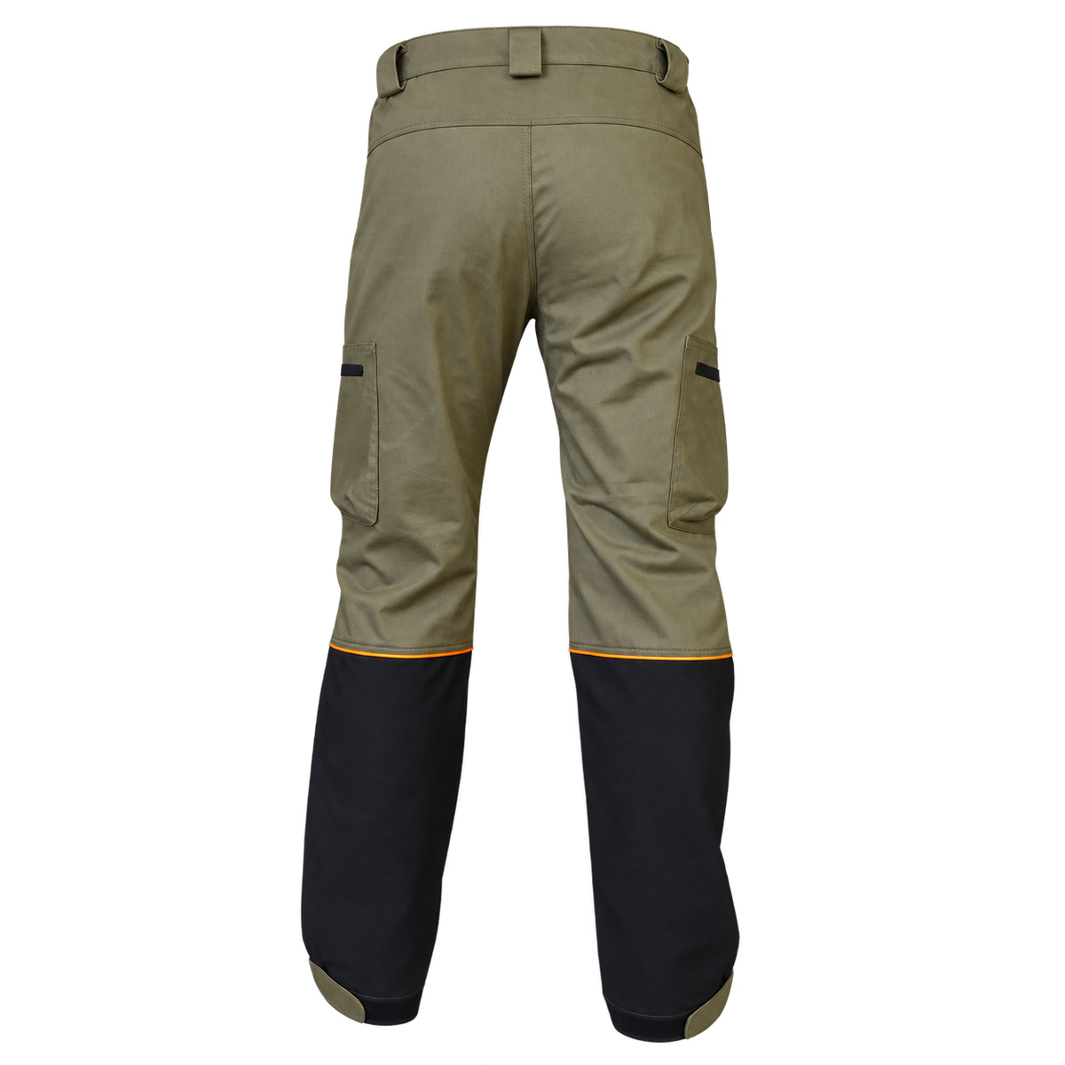 Vista trasera del pantalón Benisport Force caqui con refuerzos negros en las perneras