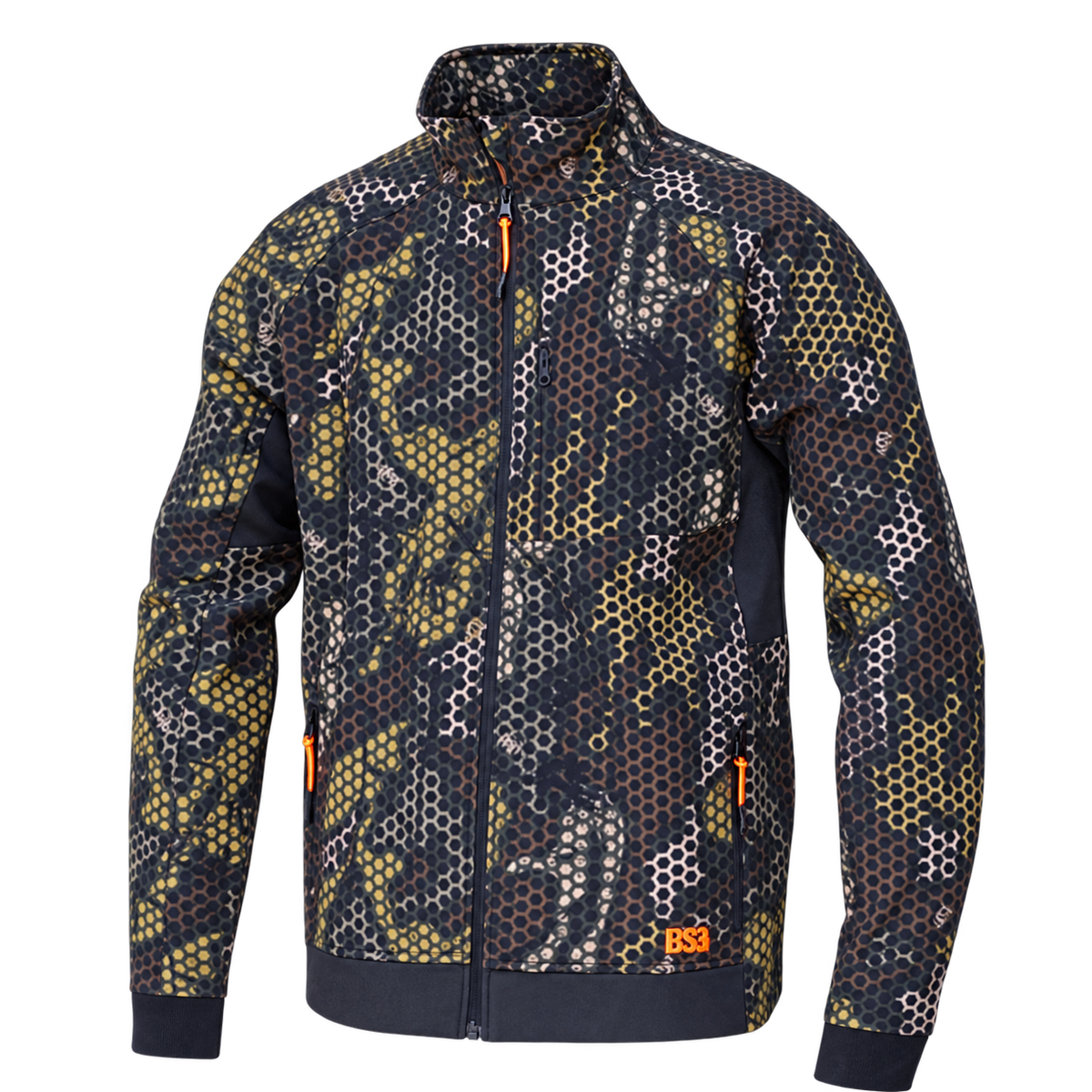 Chaqueta Benisport Forest Print con camuflaje de panal de abeja sobre base oscura y detalles caqui y beige