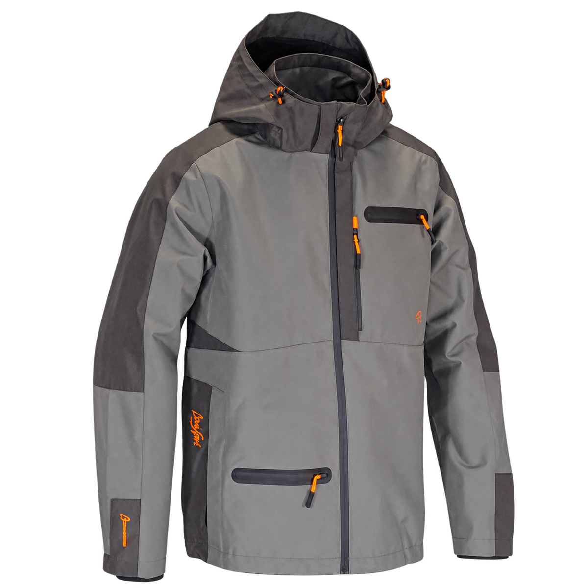 Vista frontal de la chaqueta impermeable Benisport Garúa caqui grisáceo con capucha y detalles naranjas