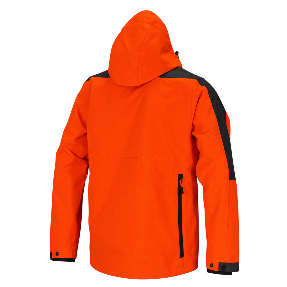 Vista trasera de la chaqueta impermeable Benisport Garúa naranja con capucha y morral de doble apertura