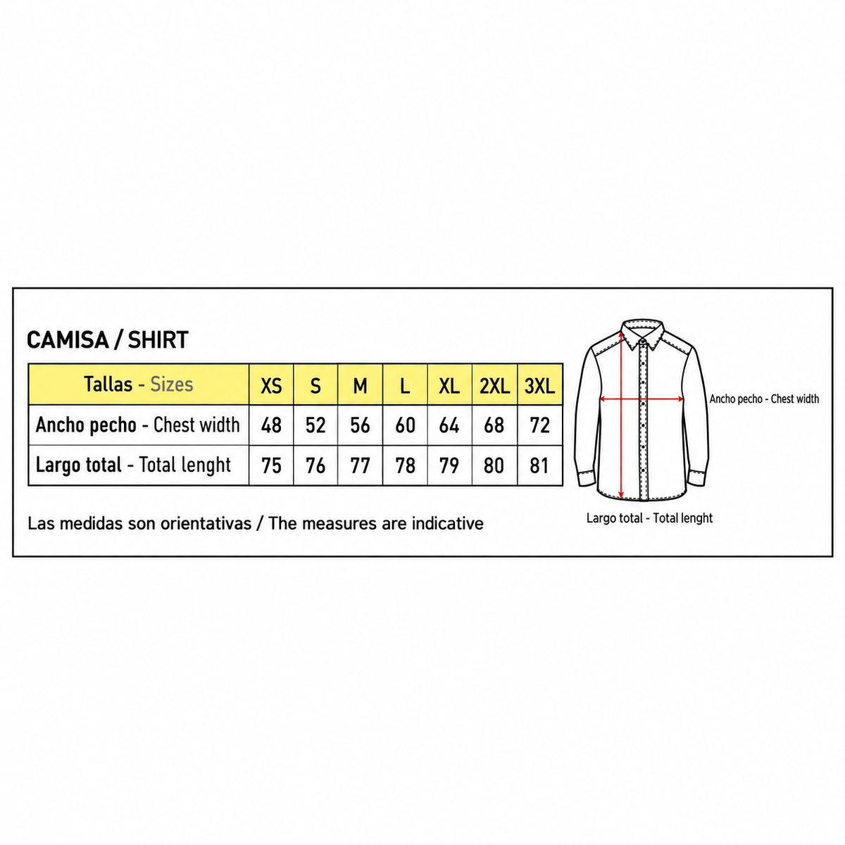 Guía de tallas Benisport para camisas, formato cuadrado con fondo blanco