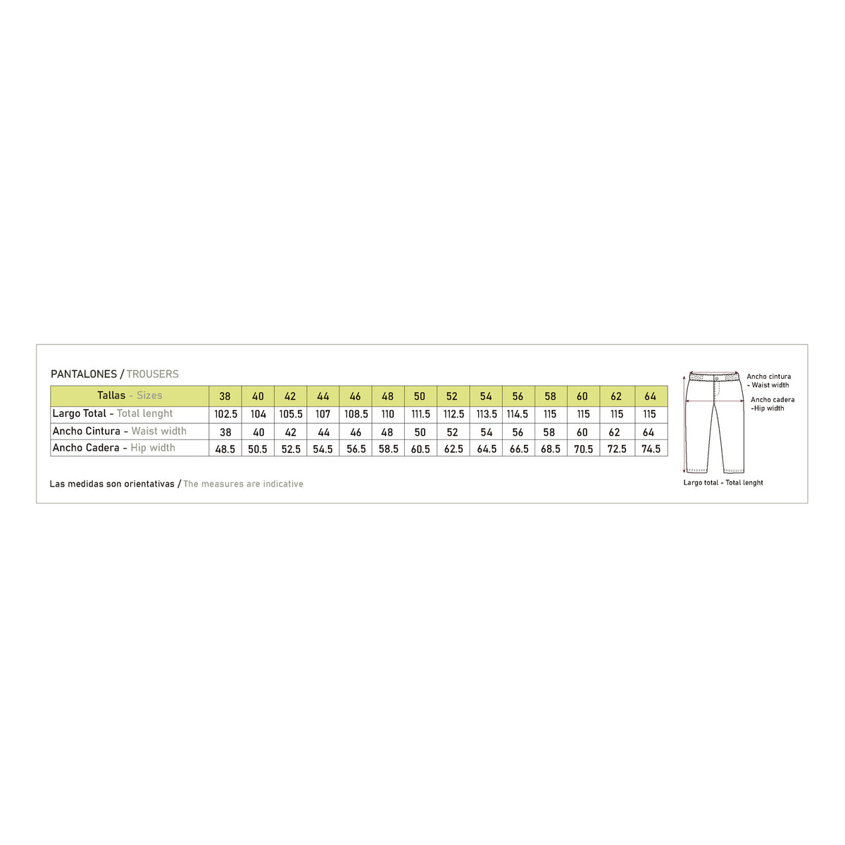 Guía de tallas Benisport para pantalones, formato cuadrado con fondo blanco