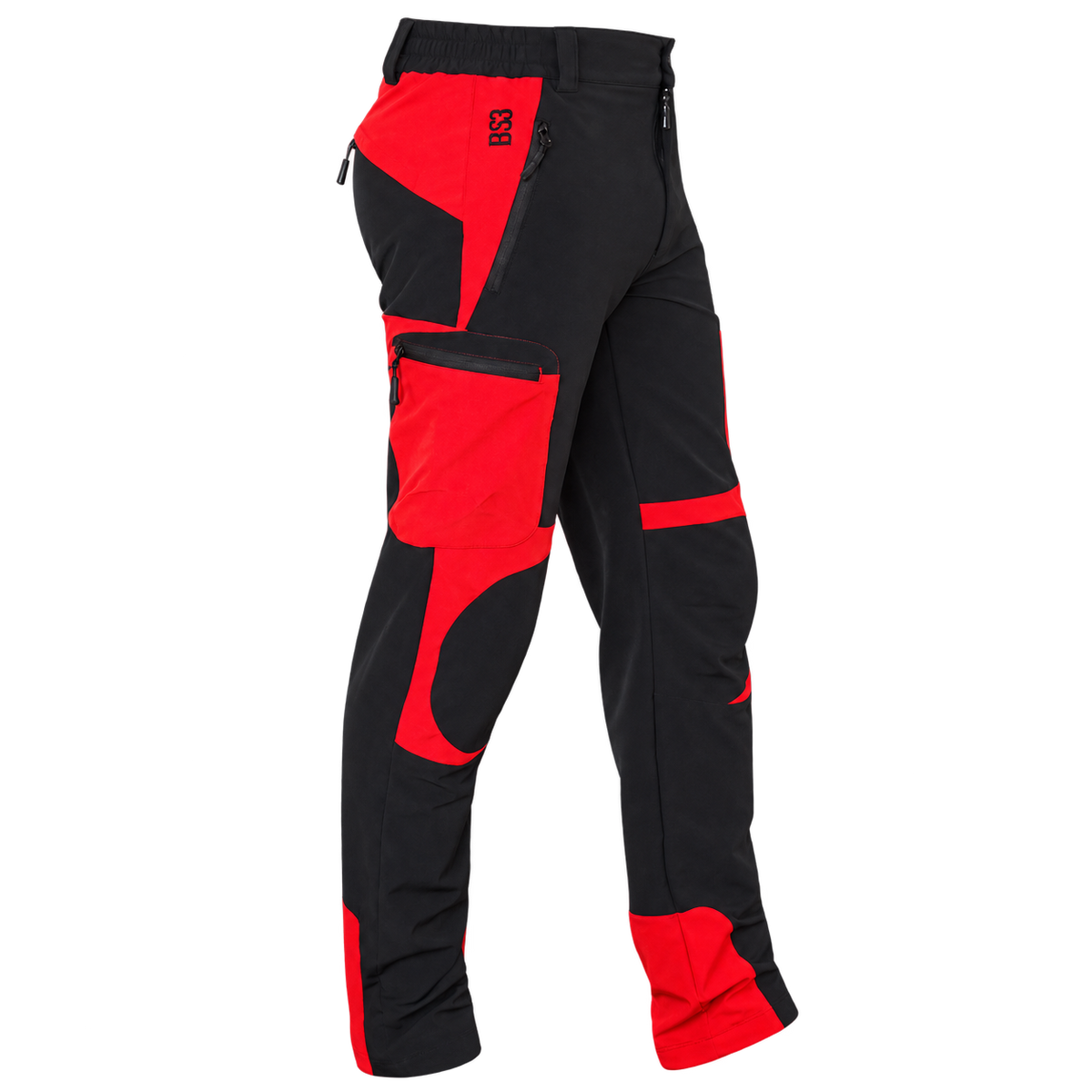 Pantalón elástico Benisport Liena negro con paneles rojos y bolsillos de cremallera, vista frontal