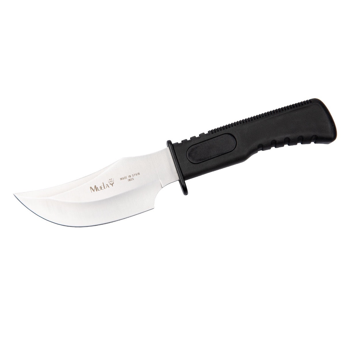 Cuchillo Muela SG-12 de hoja fija de 115 mm con mango de goma negra, vista lateral sobre fondo blanco