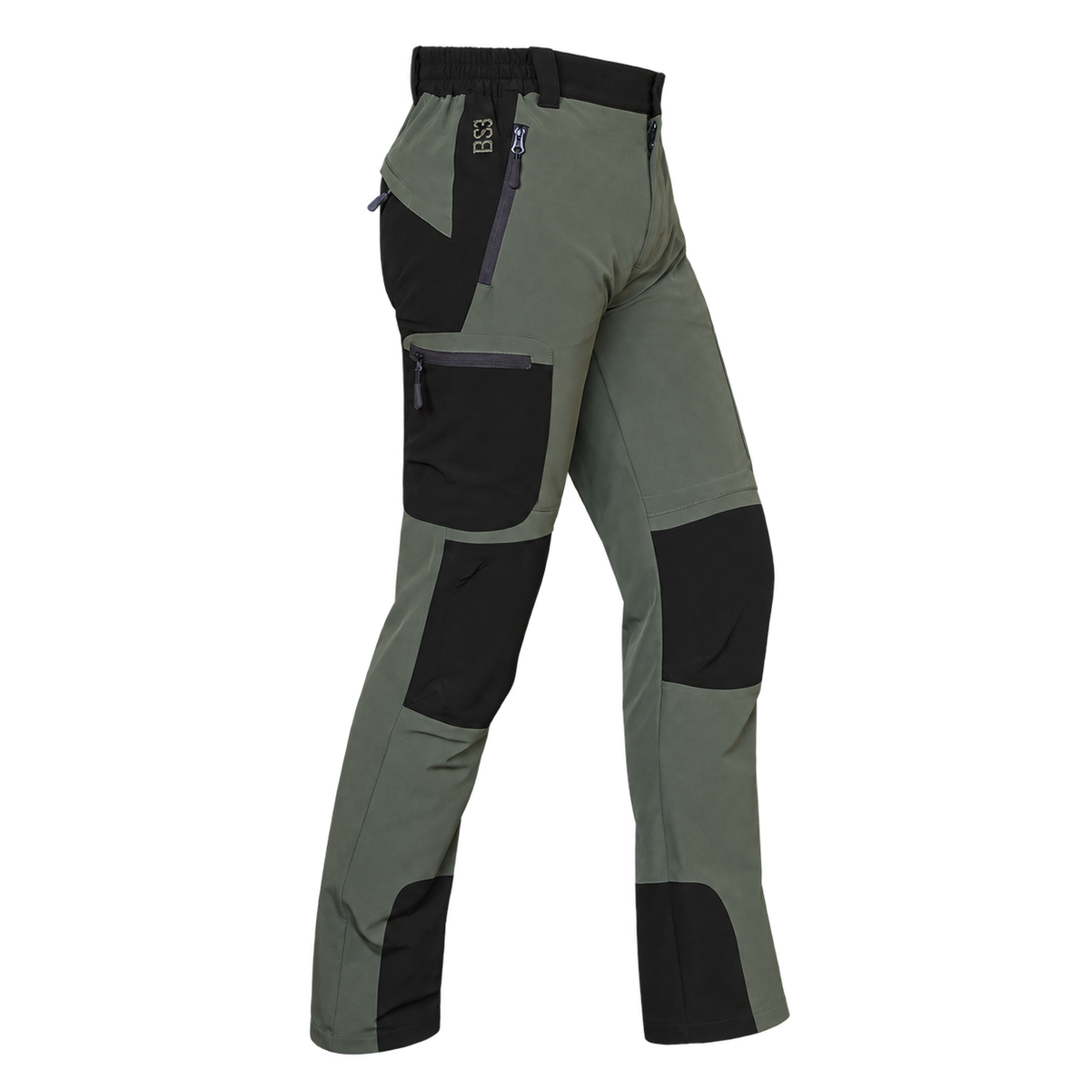 Pantalón elástico Benisport Niger verde caqui oscuro y negro con bolsillos de cremallera, vista frontal