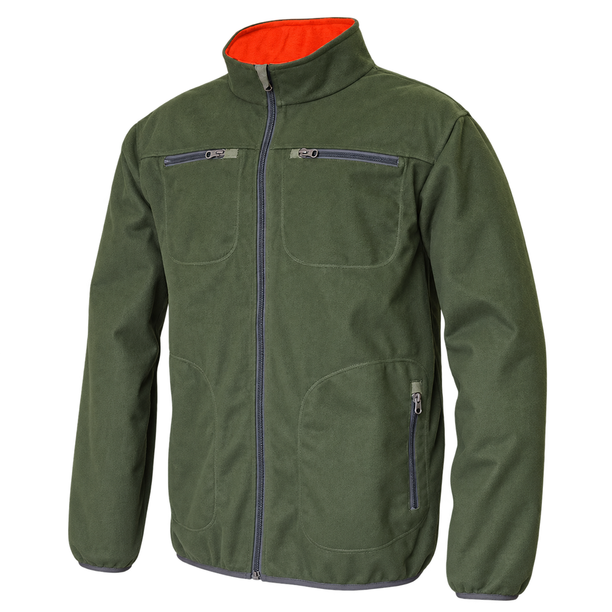 Cara verde caqui de la chaqueta reversible Benisport North con cuello alto e interior naranja