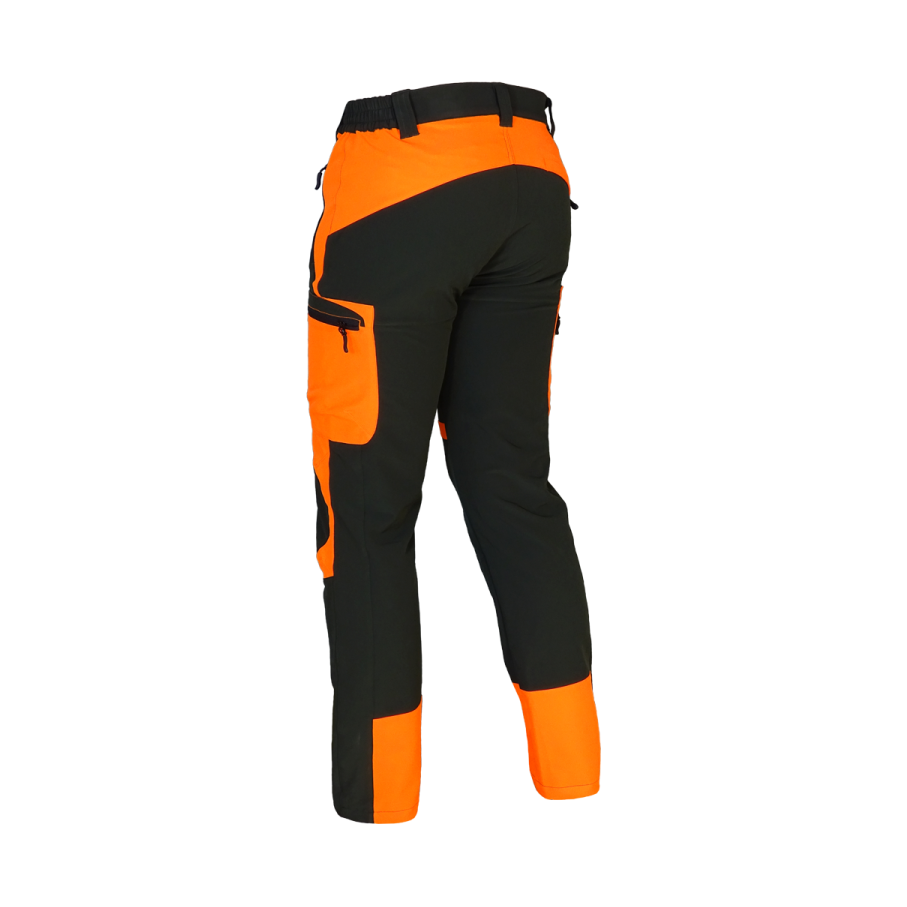 Vista trasera del pantalón Benisport Obi caqui oscuro con paneles naranja flúor