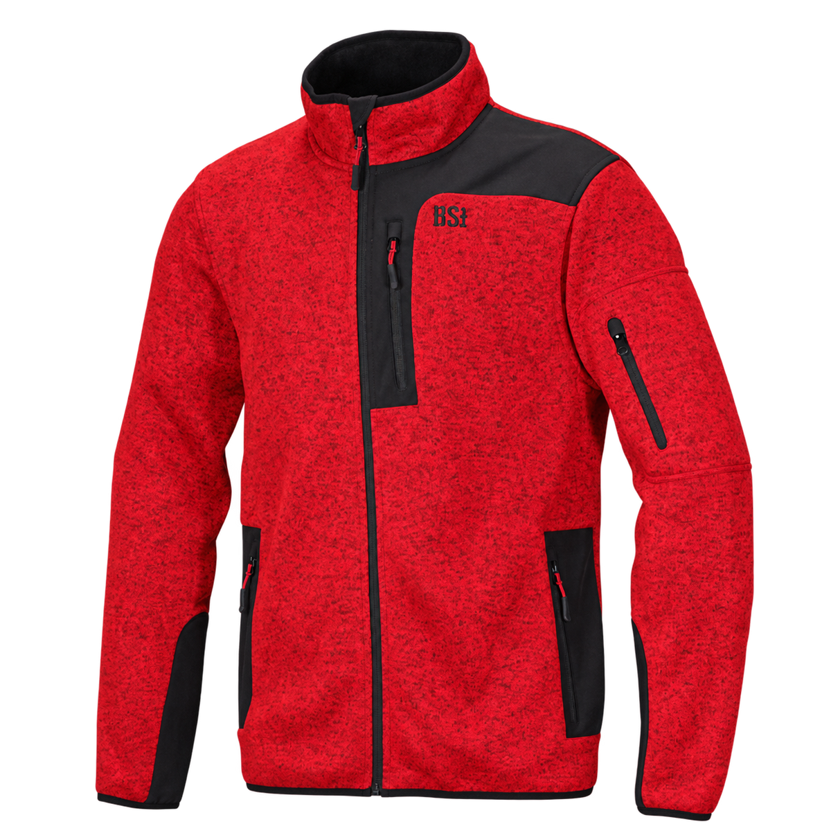 Chaqueta de punto Benisport Teneguía roja jaspeada con paneles negros y bolsillos con cremallera