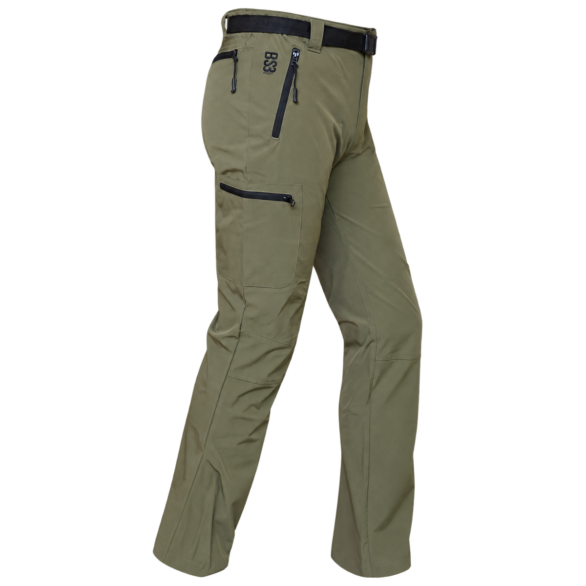 Pantalón de verano Benisport verde caqui con cinturón negro y bolsillos de cremallera, vista frontal