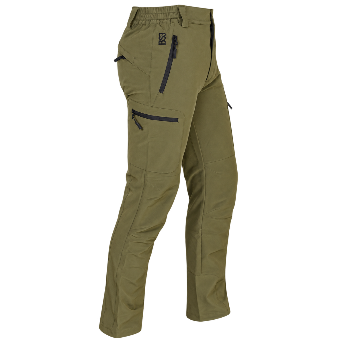 Pantalón elástico Benisport Voiga verde caqui con bolsillos de cremallera negros, vista frontal