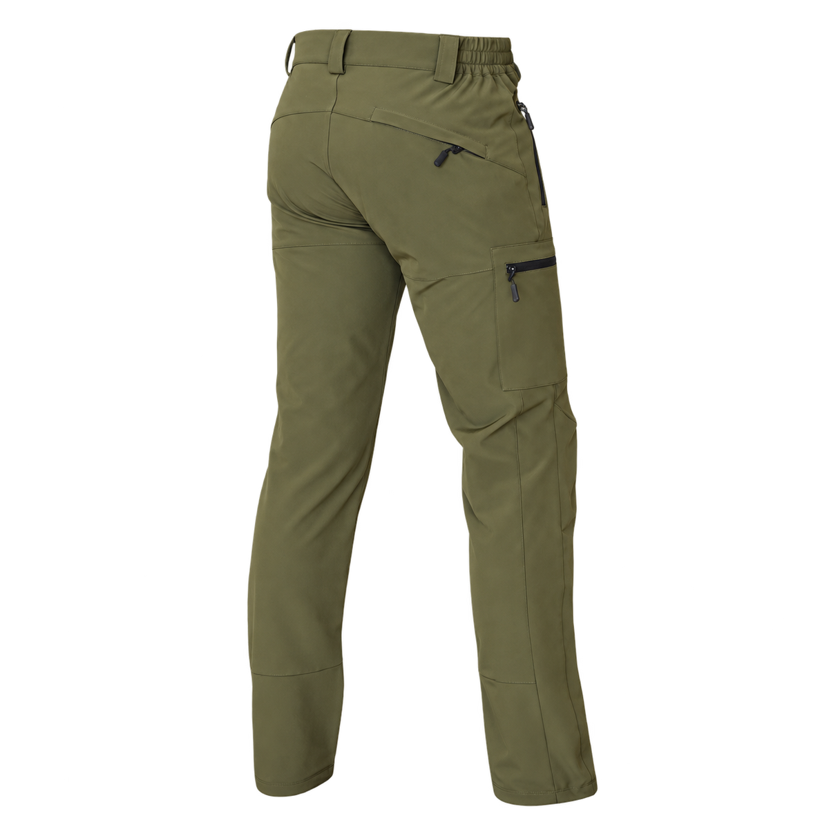 Vista trasera del pantalón stretch Benisport Voiga caqui con bolsillos de cremallera