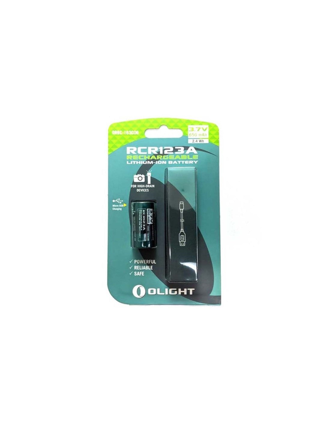 Pila recargable RCR123 650 mAh con PCB puerto USB + cable Olight
