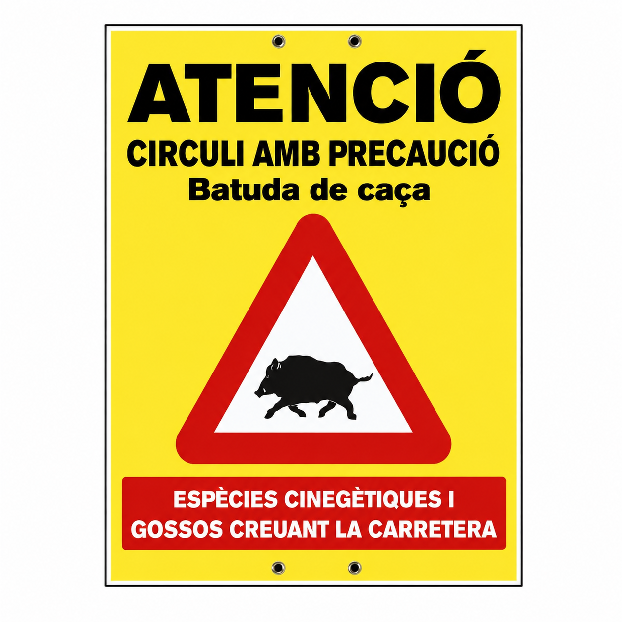 Tablilla ATENCIÓ CIRCULI AMB PRECAUCIÓ Batuda de Caça en Catalán 60x80 cm