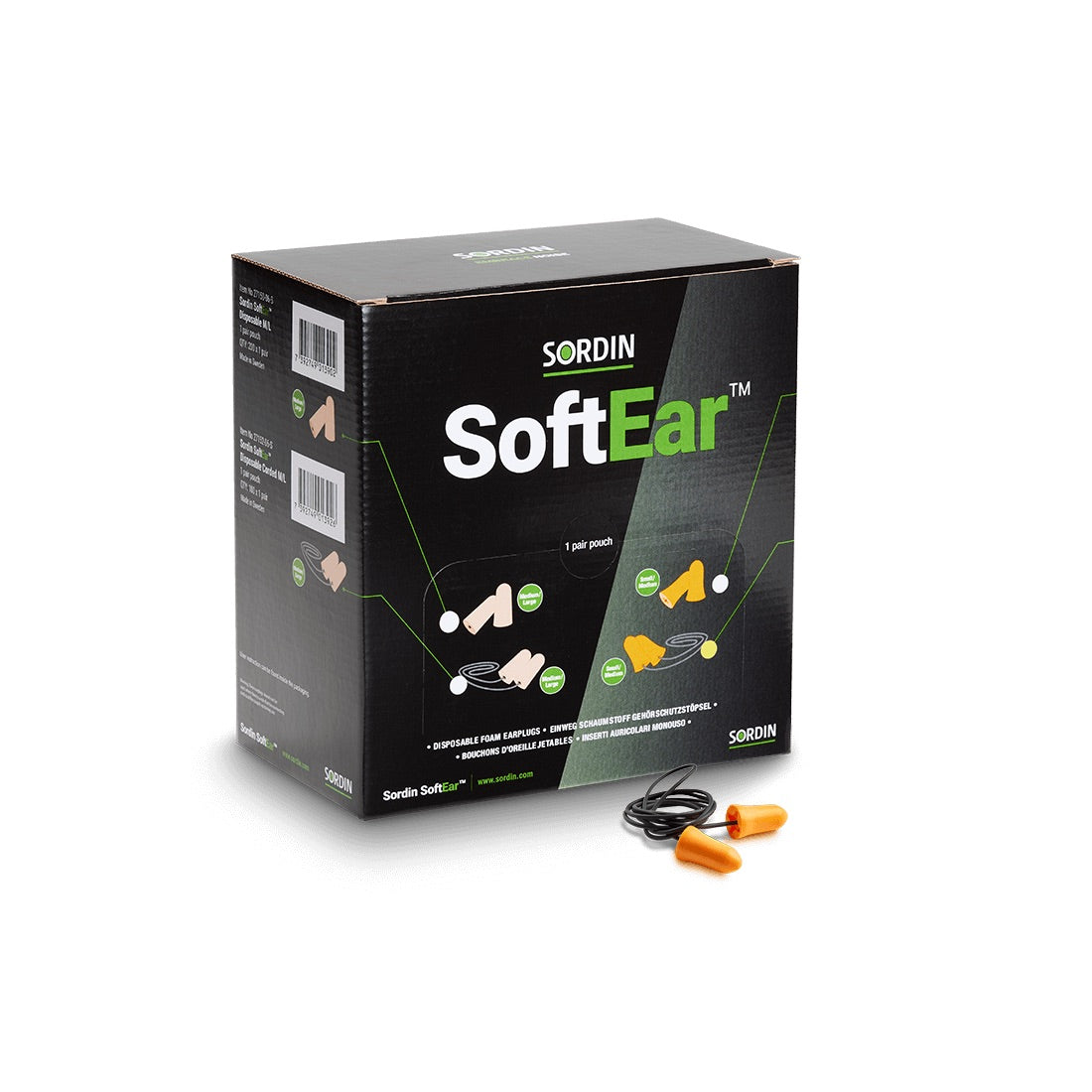 Pack 200 pares de tapones desechables con cordón SORDIN SoftEar Disposable Corded