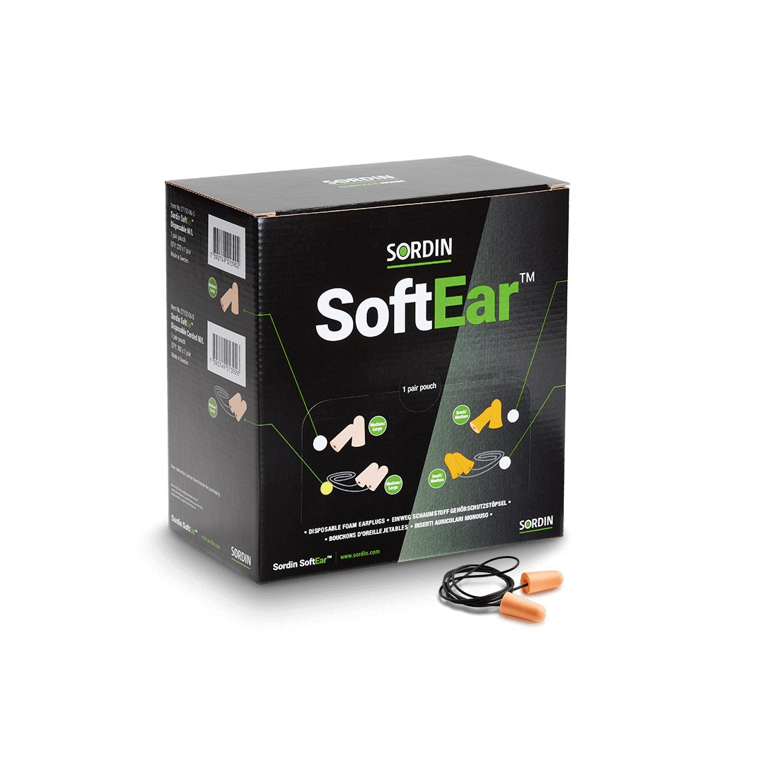 Pack 200 pares de tapones desechables con cordón SORDIN SoftEar Disposable Corded
