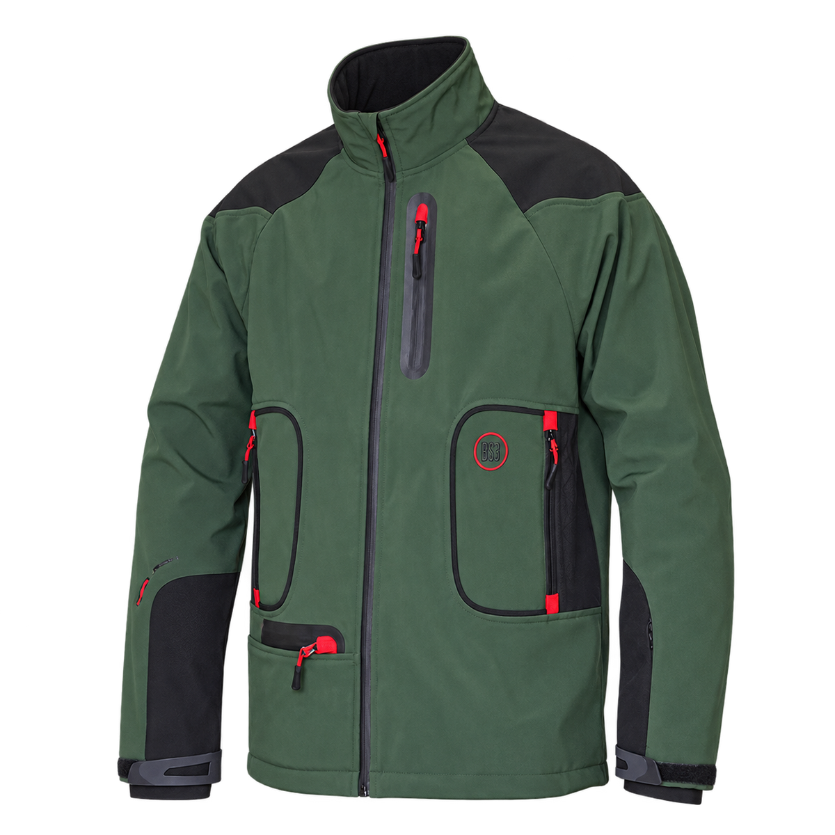 Chaqueta Benisport Ajaches bicolor verde con paneles negros y detalles rojos en las cremalleras