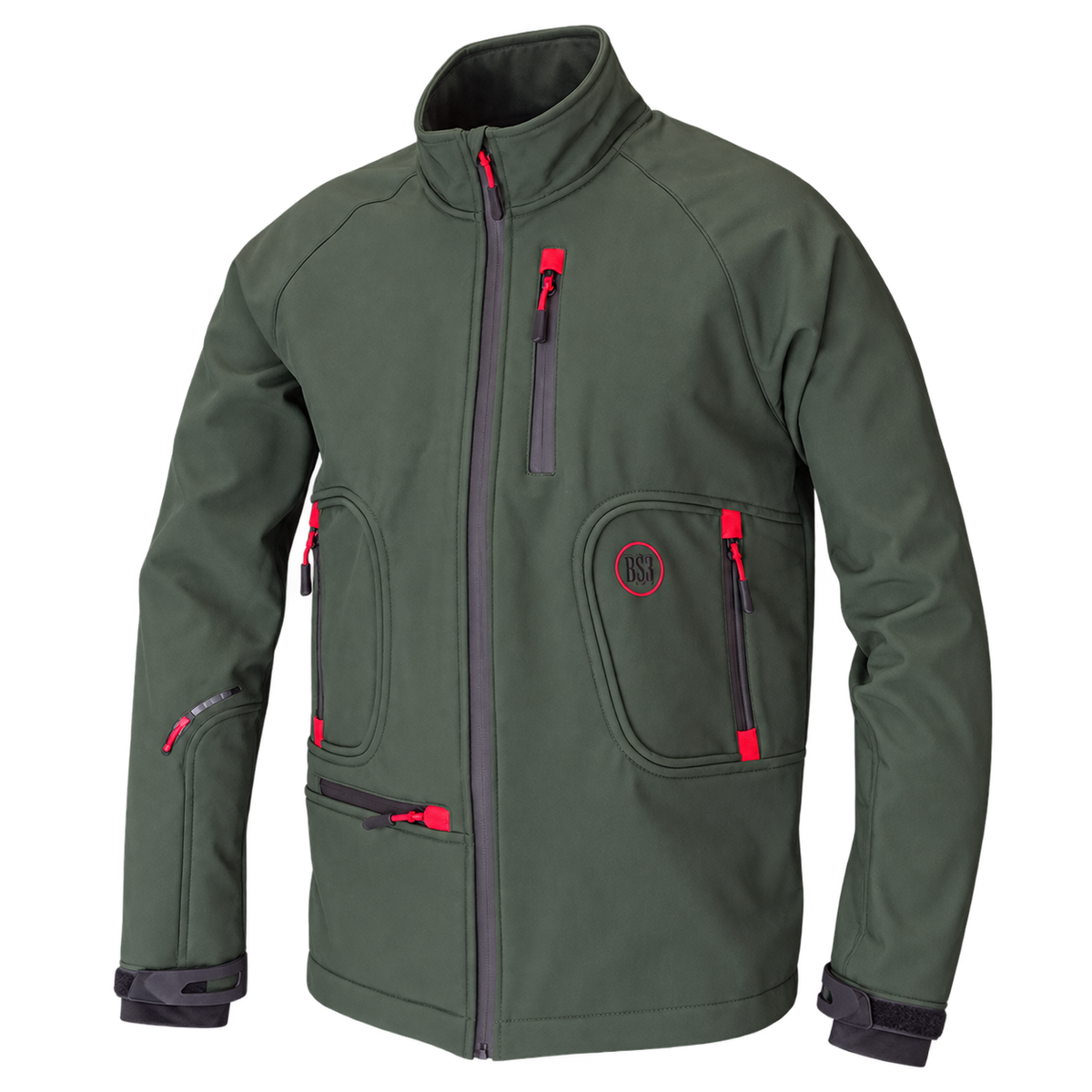Chaqueta softshell Benisport Ajaches verde caqui de tres capas con cremalleras de detalles rojos