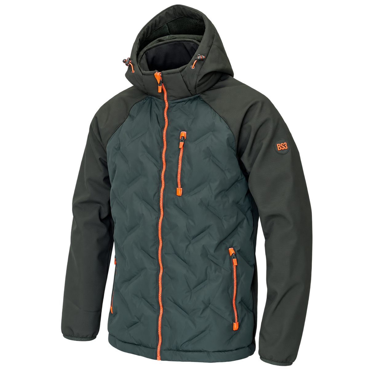Vista frontal de la chaqueta híbrida Benisport Badama caqui con acolchado, capucha y cremalleras naranjas
