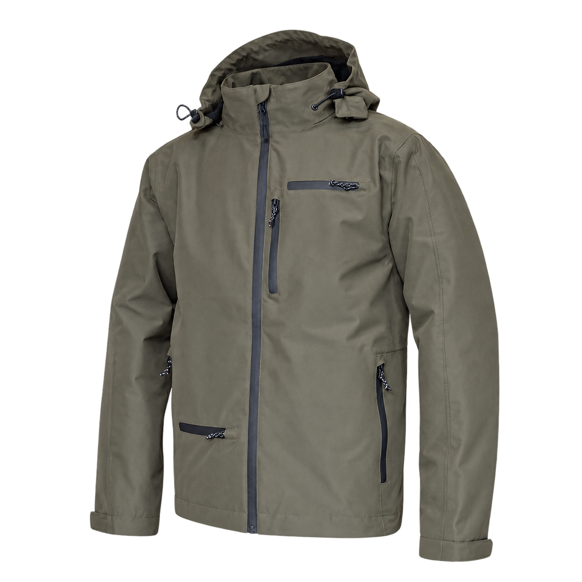 Vista delantera de la chaqueta impermeable Benisport Bendis caqui con capucha y bolsillos con cremallera