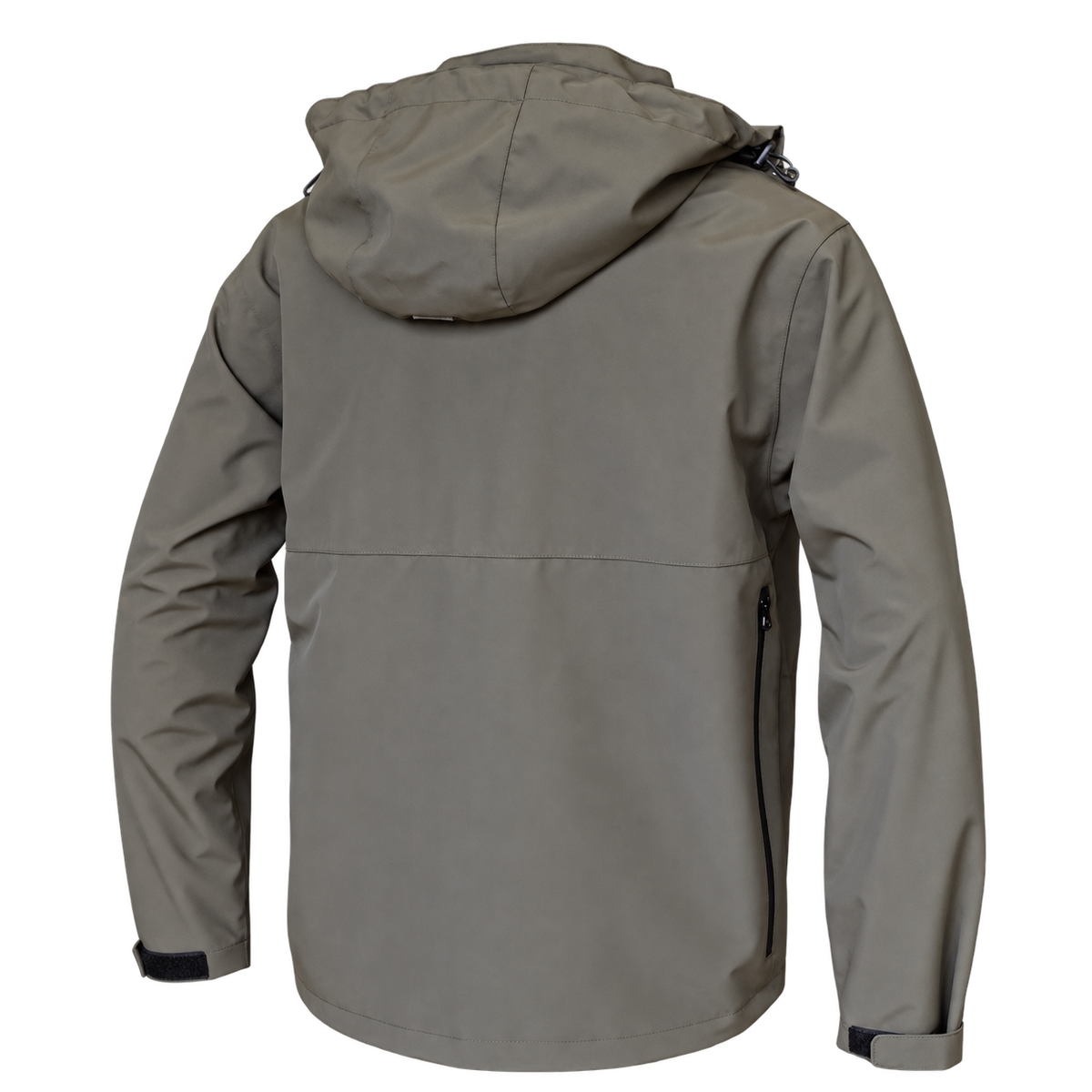 Vista trasera de la chaqueta impermeable Benisport Bendis caqui con capucha y morral trasero