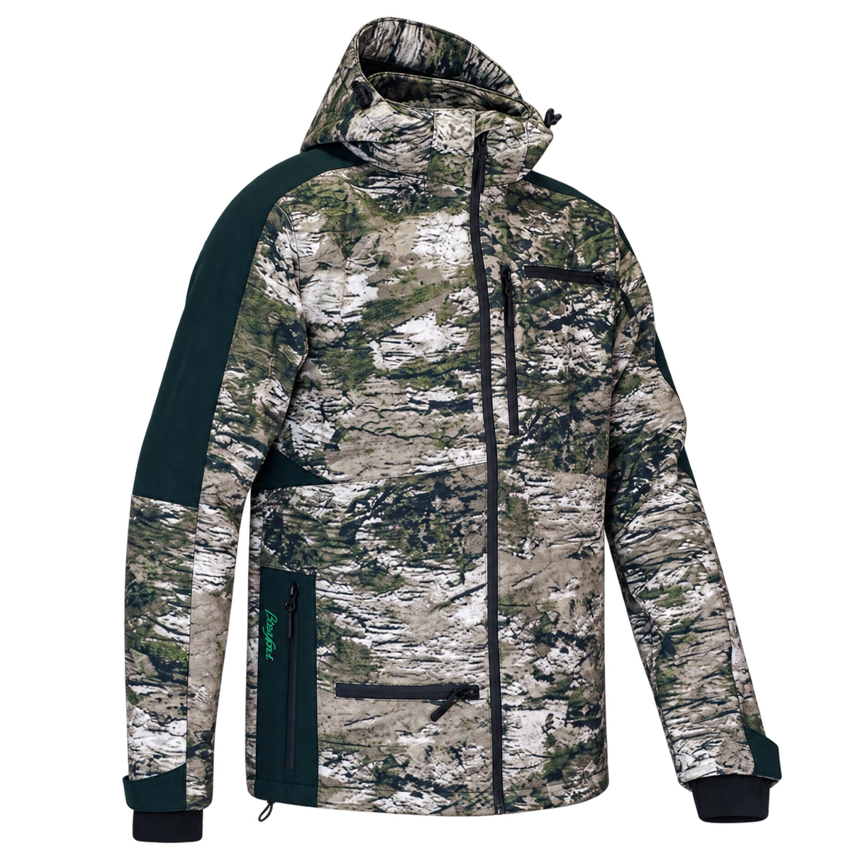 Chaqueta Benisport Bosque con capucha y camuflaje forestal en tonos grises, verdes y caqui