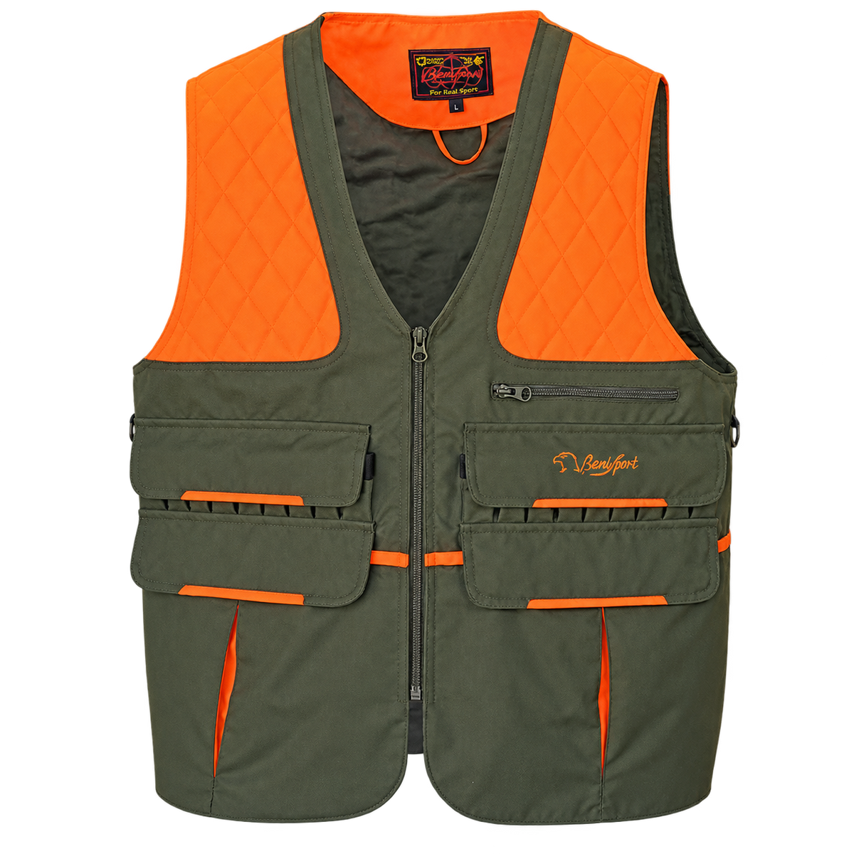 Chaleco de caza Benisport Iron caqui y naranja, vista frontal