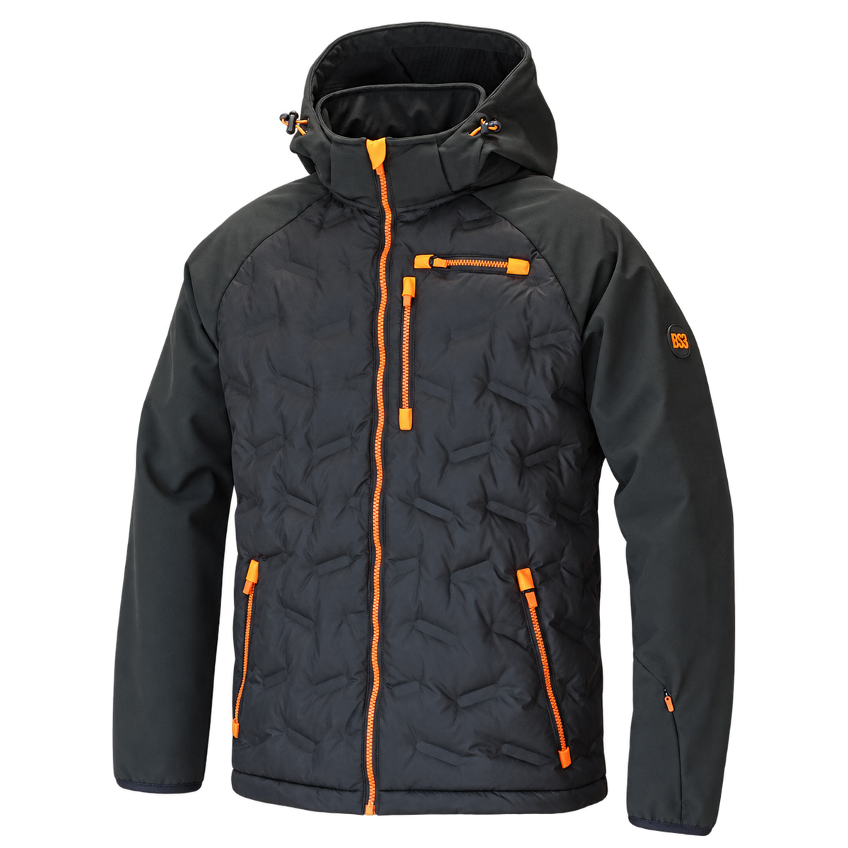 Vista frontal de la chaqueta híbrida Benisport Elbrus caqui oscuro con capucha y cinco bolsillos