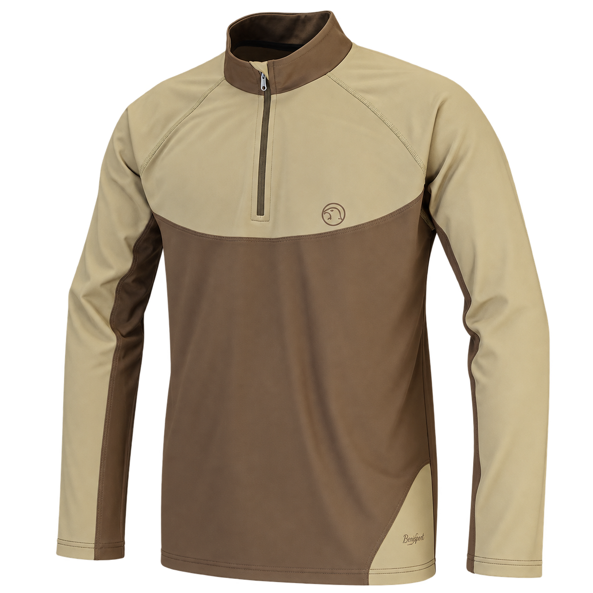 Camiseta técnica Benisport Tineo bicolor marrón y arena, vista frontal