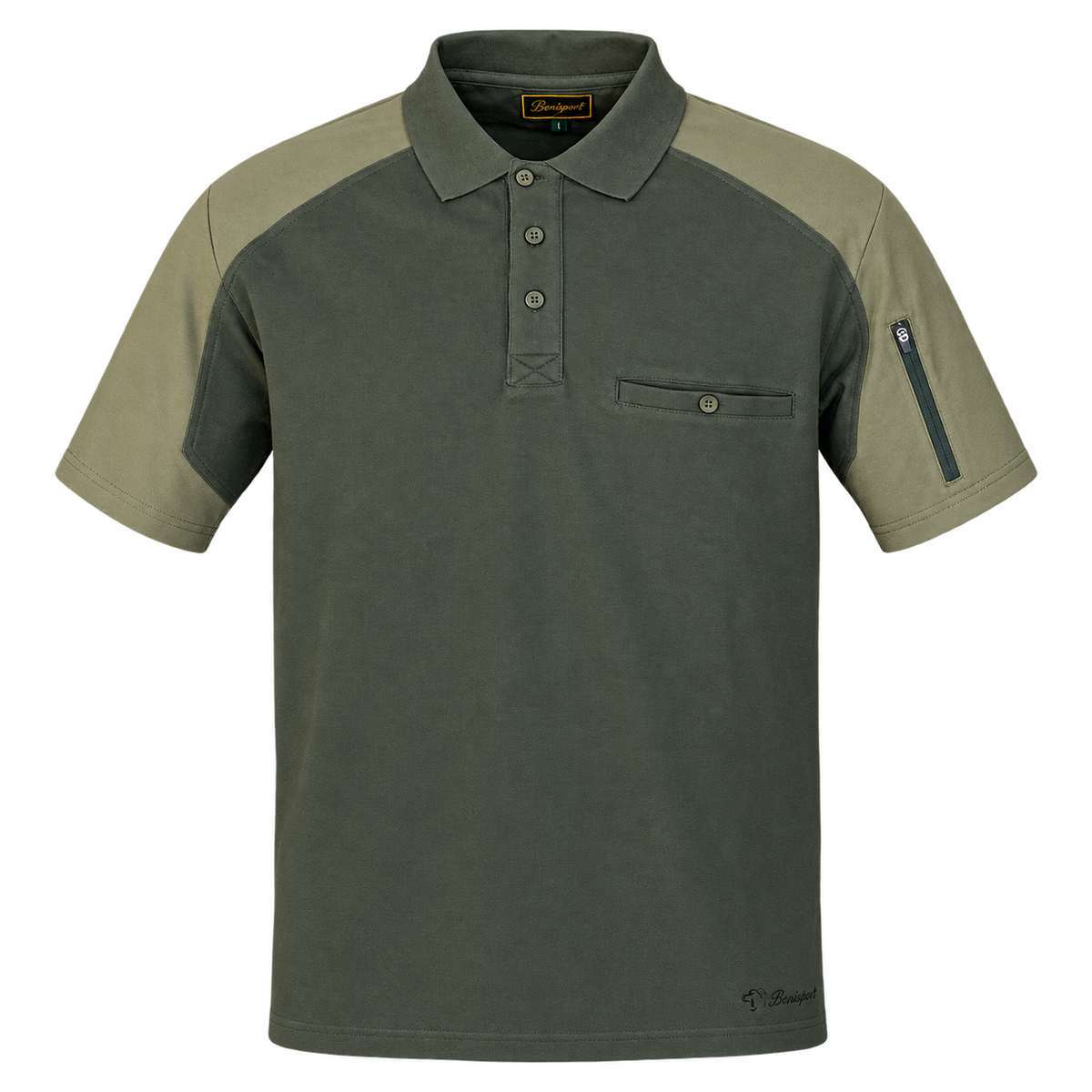 Polo de caza Benisport Piqué caqui bicolor, vista frontal