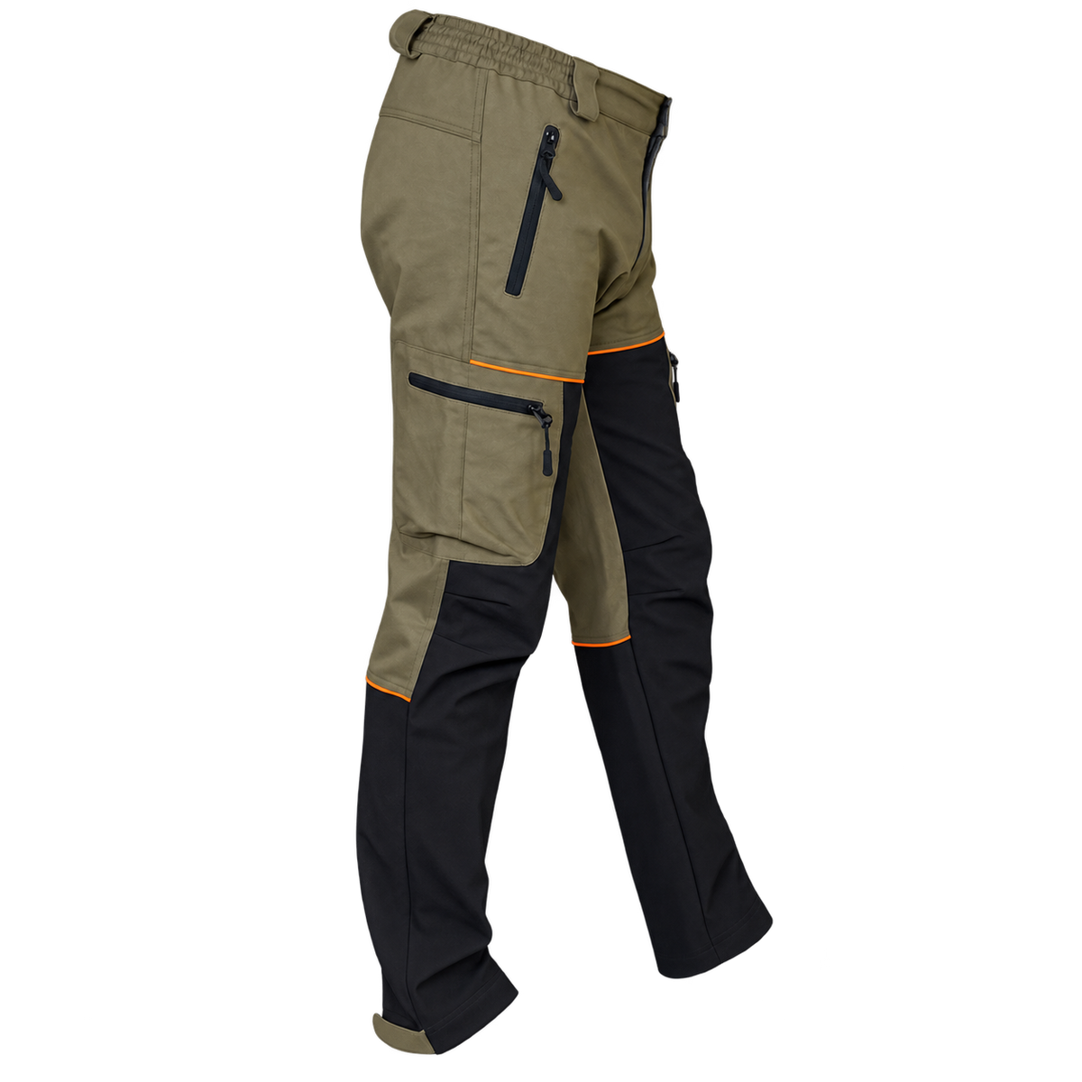 Pantalón de caza Benisport Force caqui con paneles negros y ribetes naranjas, vista frontal