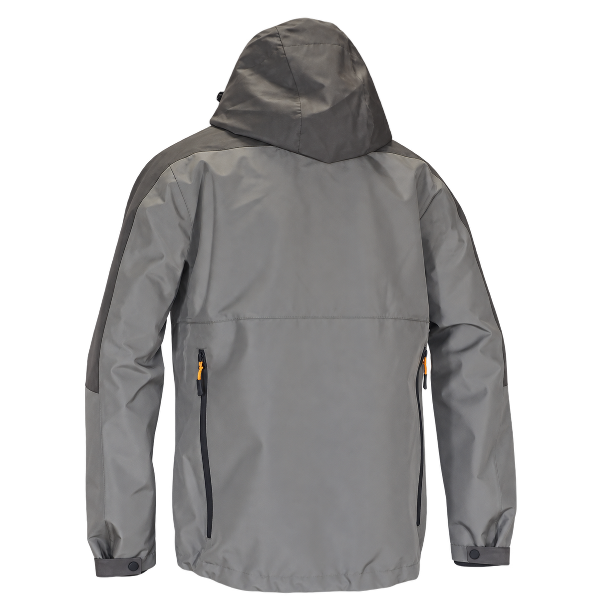 Vista trasera de la chaqueta Benisport Garúa caqui grisáceo con capucha y morral de doble apertura