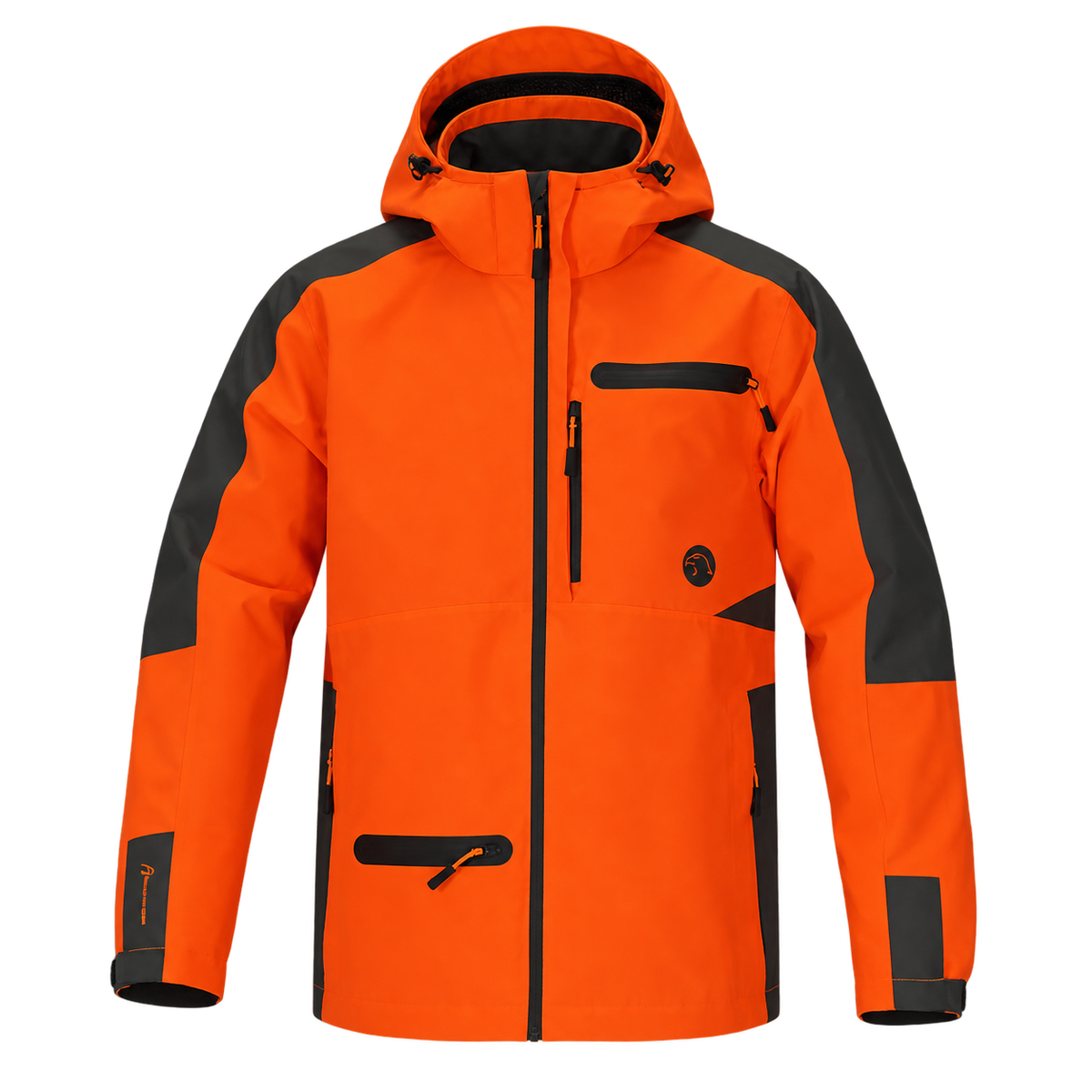 Vista frontal de la chaqueta Benisport Garúa naranja de visibilidad realzada con capucha y paneles oscuros