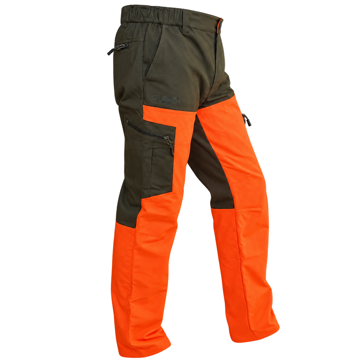Pantalón Benisport Mountain Orange caqui con paneles naranja flúor, vista frontal