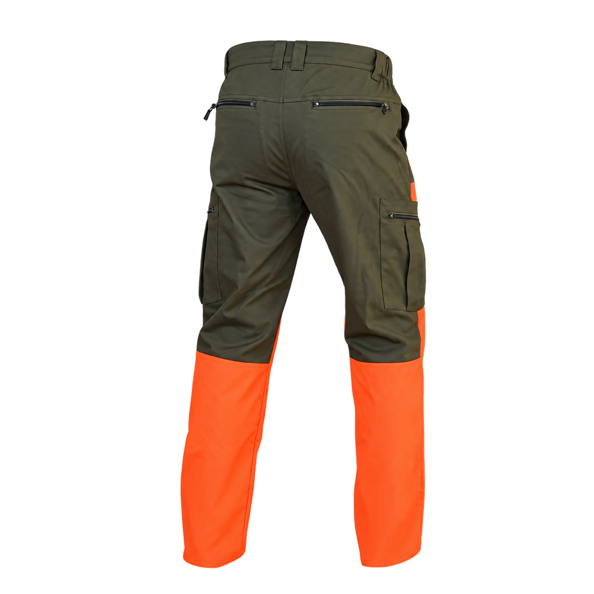 Vista trasera del pantalón Benisport Mountain Orange caqui y naranja con bolsillos de cremallera