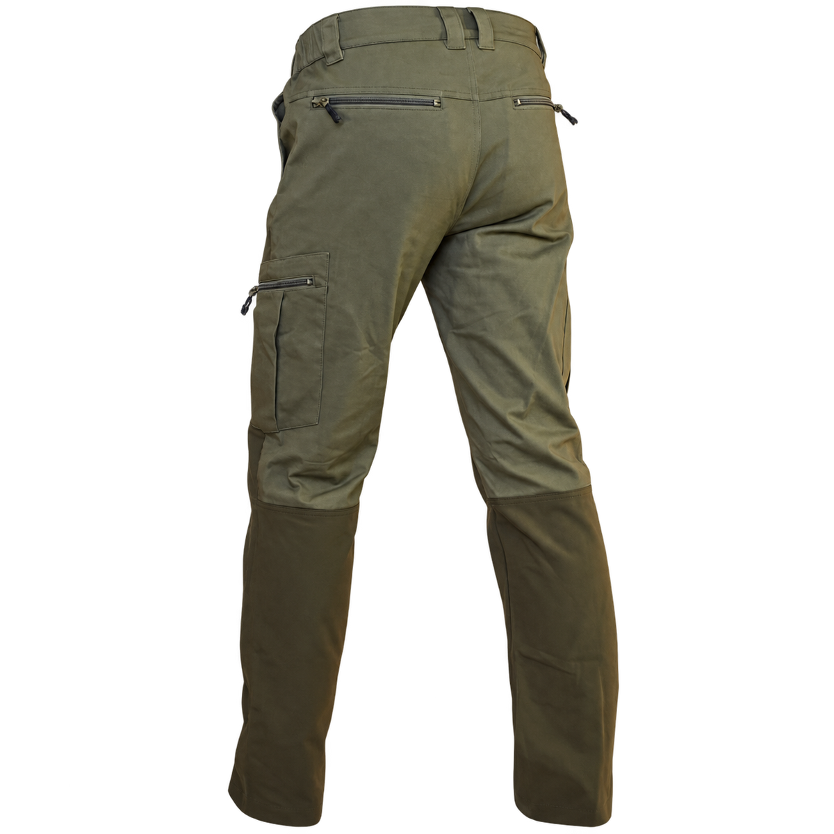 Vista trasera del pantalón Benisport Mountain caqui con bolsillos de cremallera y refuerzos en las piernas