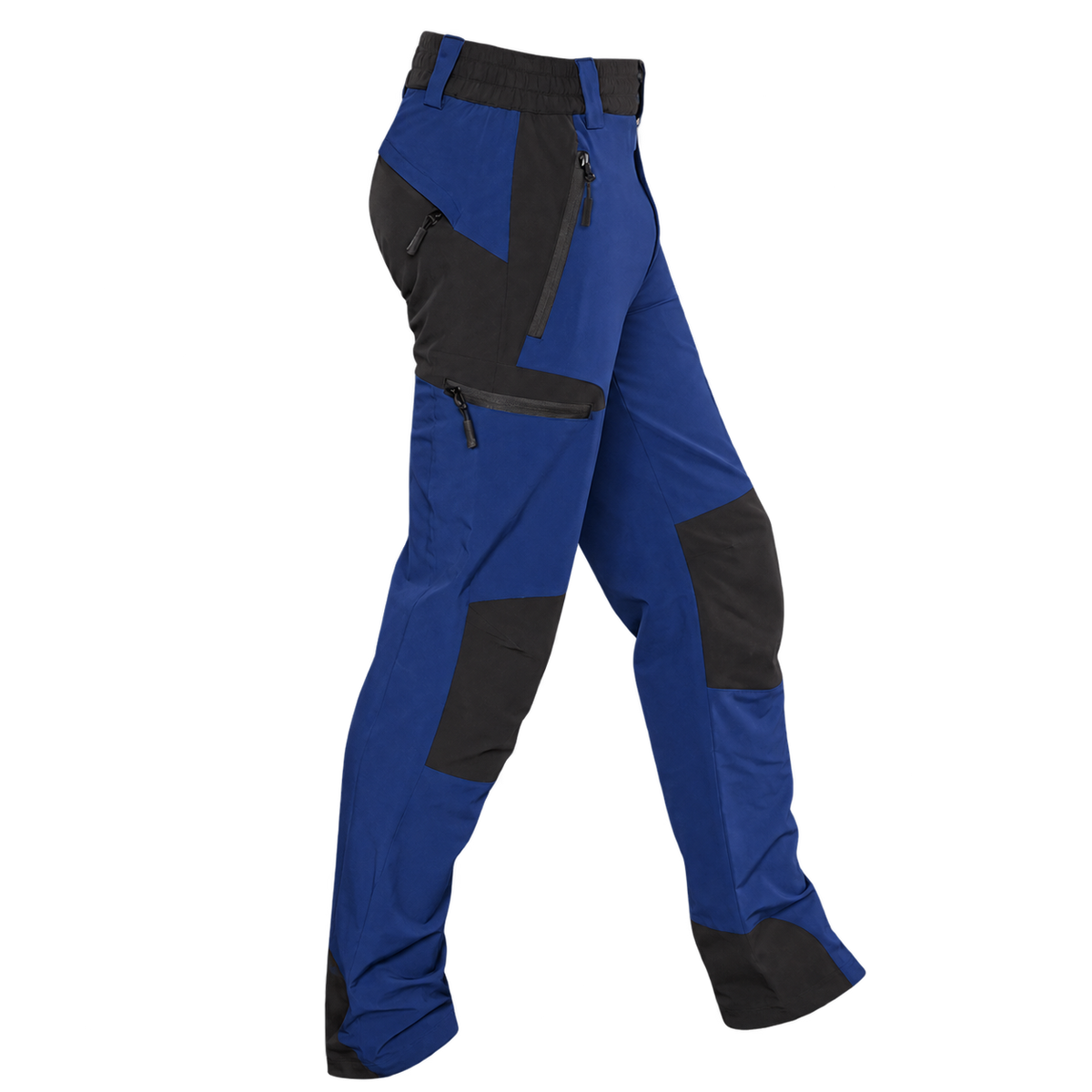 Pantalón elástico Benisport Nilo azul con paneles negros y bolsillos de cremallera, vista frontal
