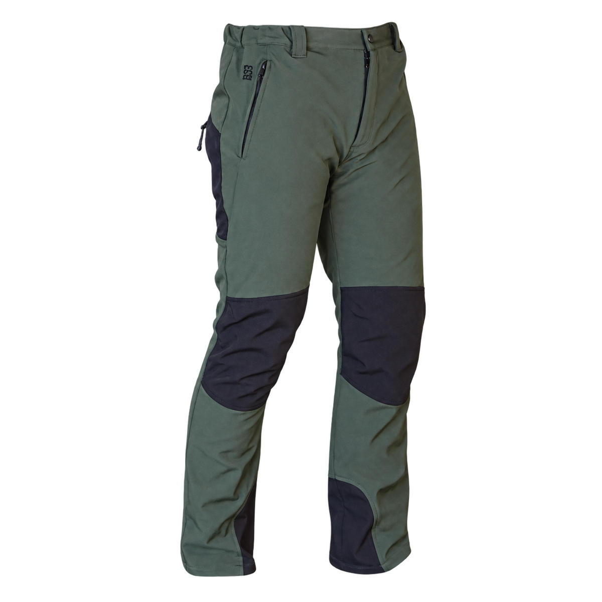 Pantalón softshell Benisport Javalambre verde caqui con paneles negros en rodillas y bajos