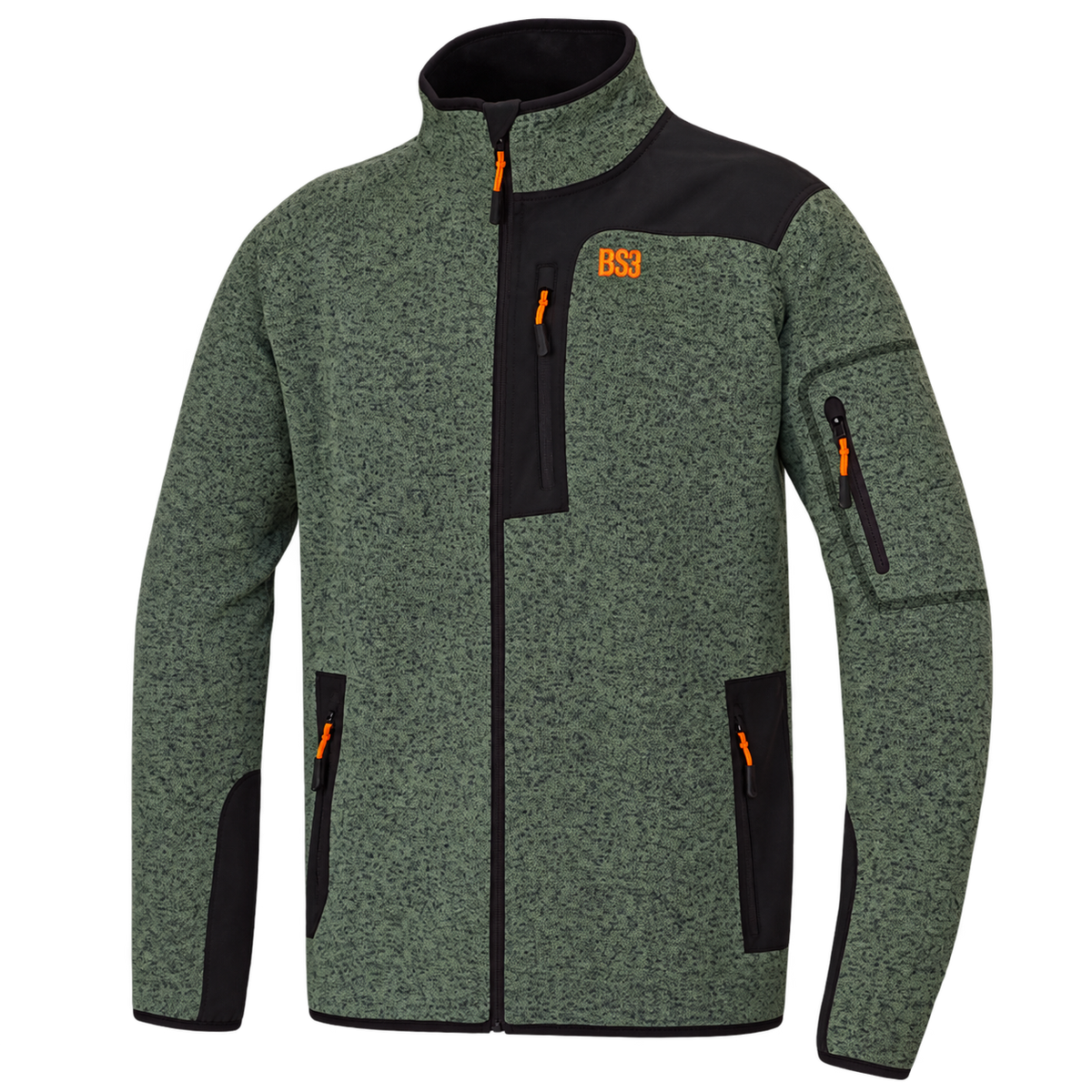 Chaqueta de punto Benisport Teneguía verde caqui jaspeado con paneles negros y cremalleras de detalles naranjas
